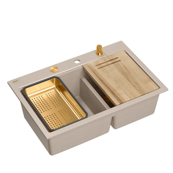 Zlewozmywak granitowy MARC 120 WORKSTATION – dwukomorowy, wpuszczany, pearl beige/elementy miedziane + AKCESORIA, Quadron