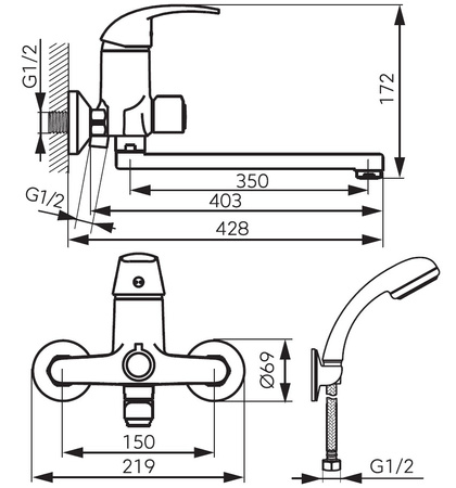 VASTO bateria wannowa z wylewką 350mm z zestawem natryskowym U28, chrom