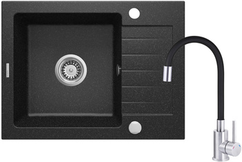 Zlewozmywak granitowy z baterią 1-komorowy z ociekaczem elastyczna stal, czarny grafit Zorba ZQZC211A