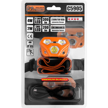 LATARKA NA GŁOWĘ AKU 4W + 2W SMD LED, IP65, CZUJNIK RUCHU