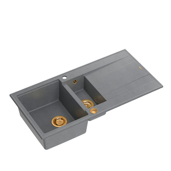 Zlewozmywak granitowy EVAN 156 – półtorakomorowy, wpuszczany, silver stone/elementy miedziane, Quadron