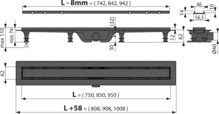 Odpływ podłogowy z obramowaniem do rusztu dwustronnego, czarny-mat