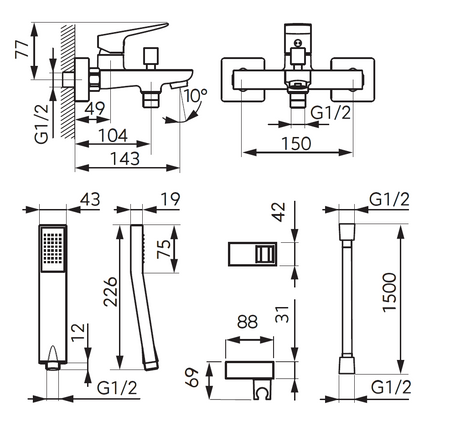 VITTO VERDELINE bateria wannowa z zestawem natryskowym, chrom