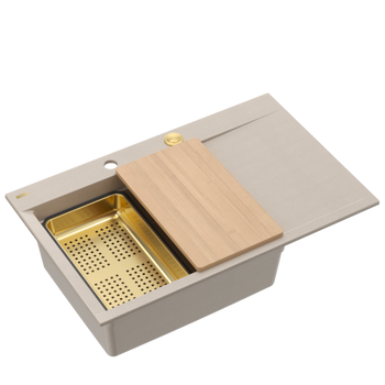 JOSH 111 GraniteQ zlewozmywak 1-komorowy z/o (780x500x215) pearl beige  + syfon push 2 open + deska + wkładka/ elementy złote