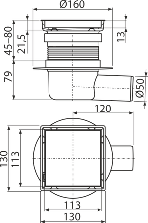 Kratka ściekowa 130×130 mm odpływ boczny, dwustronna kratka nierdzewna, syfon mokry