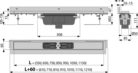 Odpływ podłogowy z obramowaniem do rusztu perforowanego i nastawnym kołnierzem do ściany, odpływ pionowy