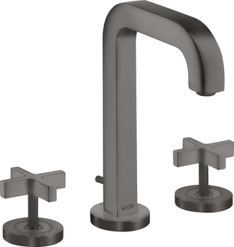 AX Citterio 3-otworowa bateria umywalkowa 170 z uchwytami krzyżowymi, rozetami, wylewką 140 mm i kpl. odpływowym z cięgłem, Czarny Chrom Szczotkowany