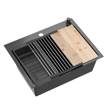 Zlewozmywak stalowy LUKE 110 WORKSTATION – jednokomorowy, wpuszczany, stal black metal/elementy black metal + AKCESORIA, Quadron
