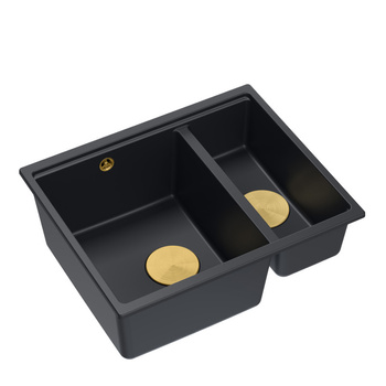 Zlewozmywak granitowy LOGAN 150 – półtorakomorowy, wpuszczany, pure carbon/elementy złote, Quadron