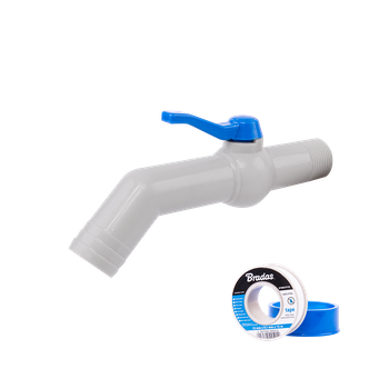 Zestaw - Kran PP 45° 1'' na wąż 32mm, dł. 20cm, z taśmą PTFE