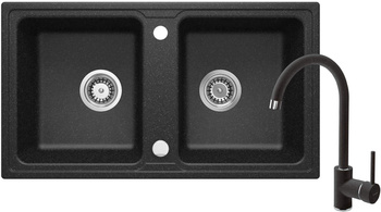 Zlewozmywak granitowy z baterią 2-komorowy obrotowa grafit, chrom grafit Zorba ZQZA2203