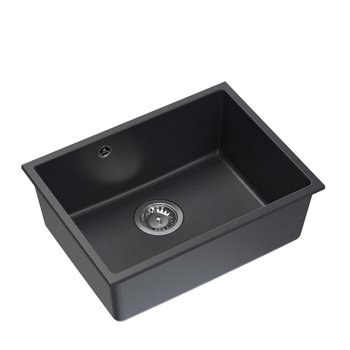 Zlewozmywak granitowy ALEC 50 – jednokomorowy, podwieszany, black dotted/elementy stalowe, Quadron