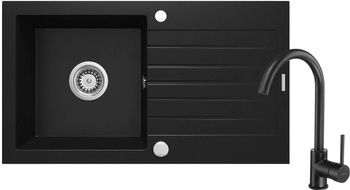 Zlewozmywak granitowy z baterią 1-komorowy z ociekaczem obrotowa czarny nero Zorba ZQZVN113