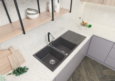 Zlewozmywak granitowy 2-komorowy z ociekaczem alabaster stal ZQN A213