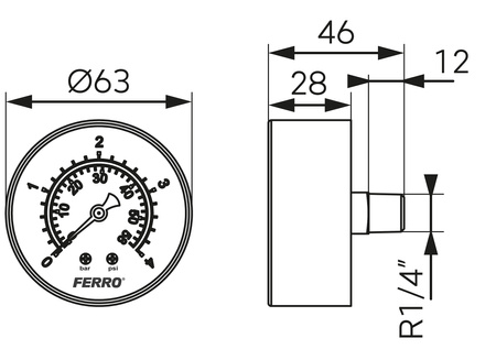 Manometr 63 mm 1-4" aksjalny 0-4 bar