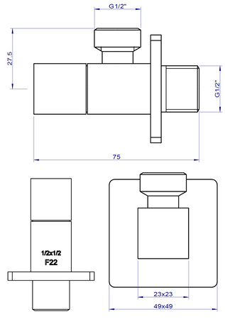 QUADRO zawór kątowy podłączeniowy 1/2"x1/2", złoty