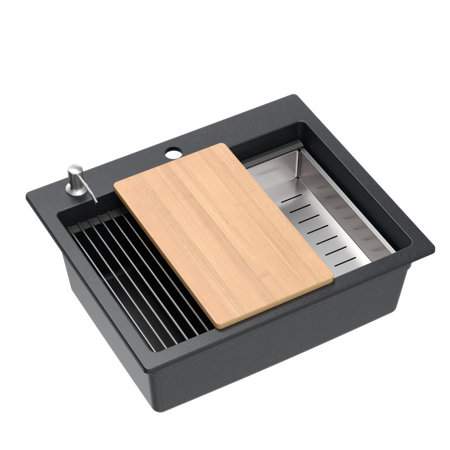 Zlewozmywak granitowy KURT 110 WORKSTATION – jednokomorowy, wpuszczany, black dotted/elementy stalowe + AKCESORIA, Quadron
