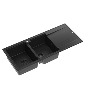 Zlewozmywak granitowy EVAN 121 – dwukomorowy, wpuszczany, pure carbon/elementy pure carbon, Quadron