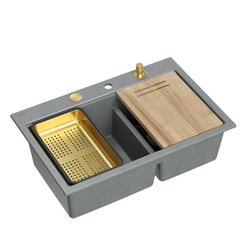 Zlewozmywak granitowy MARC 120 WORKSTATION – dwukomorowy, wpuszczany, silver stone/elementy złote + AKCESORIA, Quadron