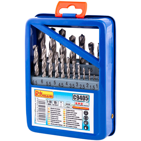 WIERTŁA DO METALU 1-10 MM 19 ELEM. METALOWE PUDEŁKO