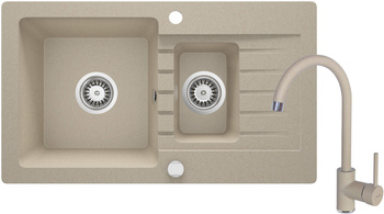 Zlewozmywak granitowy z baterią 1.5-komorowy z ociekaczem obrotowa piasek piasek Zorba ZQZA7513