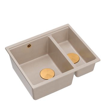 Zlewozmywak granitowy LOGAN 150 – półtorakomorowy, wpuszczany, pearl beige/elementy miedziane, Quadron