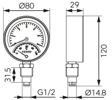 Termomanometr 80 mm 1-2" radialny 0-6 bar, 0-120°C