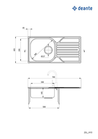 Zlewozmywak stalowy 1-komorowy z ociekaczem - odpływ 3.5" dekor stal ZEL 3113