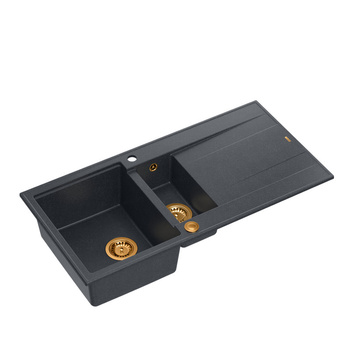 Zlewozmywak granitowy EVAN 156 – półtorakomorowy, wpuszczany, black diamond/elementy miedziane, Quadron