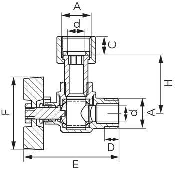 "Kurek kulowy kątowy z półśrubunkiem, nakrętno-wkrętny, z motylkiem, 1/2"""