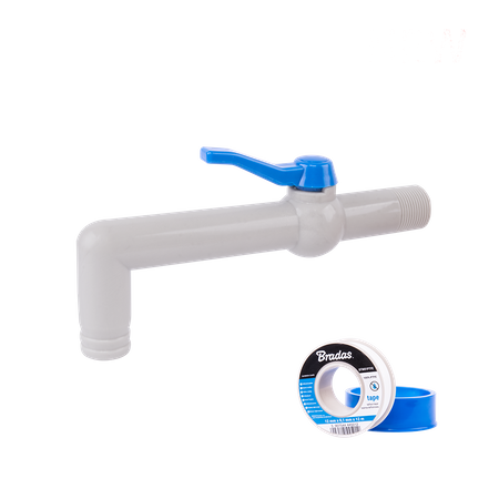 Zestaw - Kran PP 90° 3/4'' na wąż 25mm, dł. 20cm, z taśmą PTFE