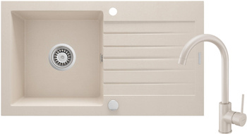 Zlewozmywak granitowy z baterią 1-komorowy z ociekaczem obrotowa beż beż Zorba ZQZV5113