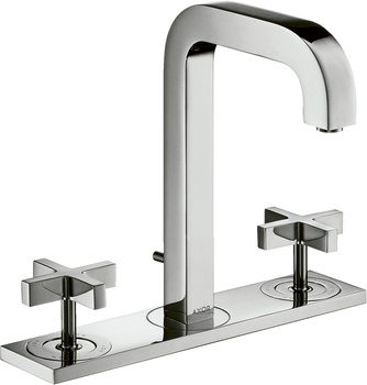 AX Citterio 3-otworowa bateria umywalkowa 170 z uchwytami krzyżowymi, płytką i wylewką 140 mm z kompletem odpływowym z cięgłem, Chrom