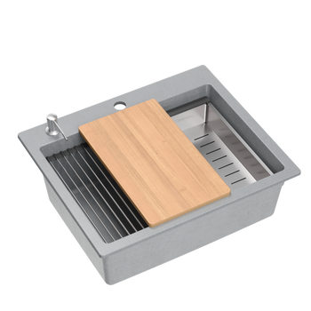 Zlewozmywak granitowy KURT 110 WORKSTATION – jednokomorowy, wpuszczany, silver stone/elementy stalowe + AKCESORIA, Quadron