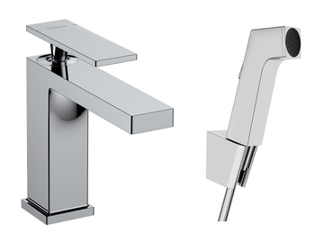 HG Tecturis E Jednouchwytowa bateria umywalkowa 110 z główką Bidette i wężem 160 cm, komplet odpływowy Push-Open, Chrom