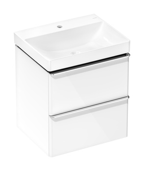 HG Xelu Q Zestaw umywalka wisząca z szafką z 2 szufladami 580/475, Biały Wysoki Połysk, Kolor uchwytów: Chrom