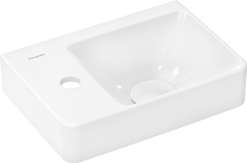 HG Xelu Q Mała umywalka wisząca z półką po lewej stronie 360/250 z otworem na baterię, bez przelewu, SmartClean, Biały