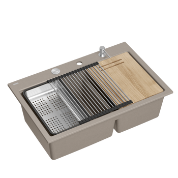 Zlewozmywak granitowy MARC 120 WORKSTATION – dwukomorowy, wpuszczany, soft taupe/elementy stalowe + AKCESORIA, Quadron