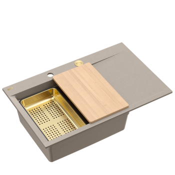 JOSH 111 GraniteQ zlewozmywak 1-komorowy z/o (780x500x215) soft taupe  + syfon push 2 open + deska + wkładka/ elementy złote