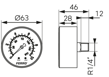 Manometr 63 mm 1-4" aksjalny 0-10 bar