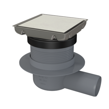Kratka ściekowa 130×130 mm odpływ boczny, dwustronna kratka nierdzewna, syfon mokry