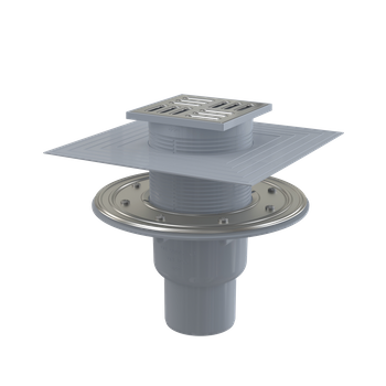 Kratka ściekowa 105×105/50/75 mm odpływ pionowy, kratka nierdzewna, kołnierz nierdzewny, dwa poziomy izolacji, kombinowany syfon