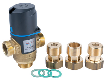 Zestaw termostatycznego zaworu mieszającego ATM 341, DN15, G3/4", 20÷43°C, Kvs 1,6 m3/h, ze śrubunkami
