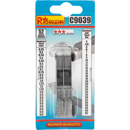 GRZEBIEŃ DO POMIARU GWINTÓW 52 SZT 0,25 - 6 MM, 4 - 62 CALE