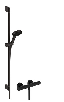 HG Pulsify Select S System prysznicowy 105 3jet Relaxation EcoSmart z drążkiem 90 cm i termostatyczną baterią Ecostat Element, natynkowy, Czarny Mat
