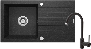 Zlewozmywak granitowy z baterią 1-komorowy z ociekaczem obrotowa grafit, chrom grafit Zorba ZQZV2113