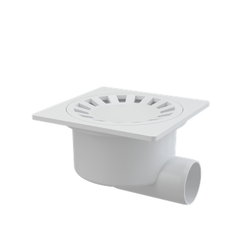 Kratka ściekowa 150×150/50 mm odpływ boczny, kratka biała, syfon mokry