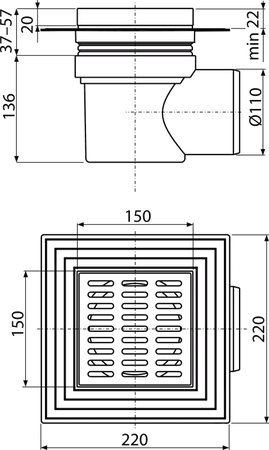 Kratka ściekowa 150×150/110 mm odpływ boczny, kratka nierdzewna, dwa poziomy izolacji, syfon mokry