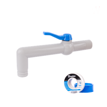 Zestaw - Kran PP 90° 3/4'' na wąż 25mm, dł. 20cm, z taśmą PTFE