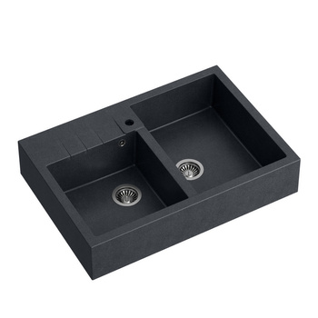 Zlewozmywak granitowy BILL 120 – dwukomorowy, nakładany, black diamond/elementy stalowe, Quadron